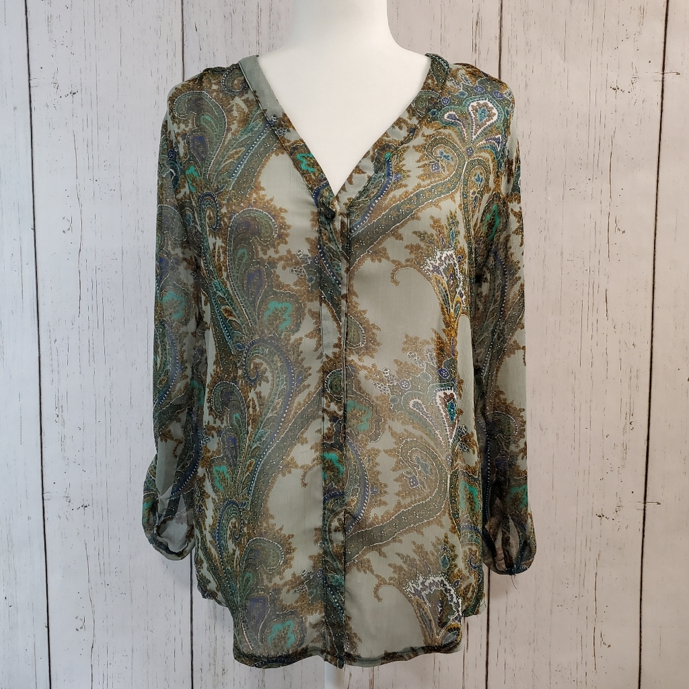 Francescas Sheer Green Paisley Blouse Size M